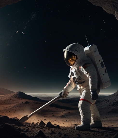 moon spacesuit astronaut shovel regolith